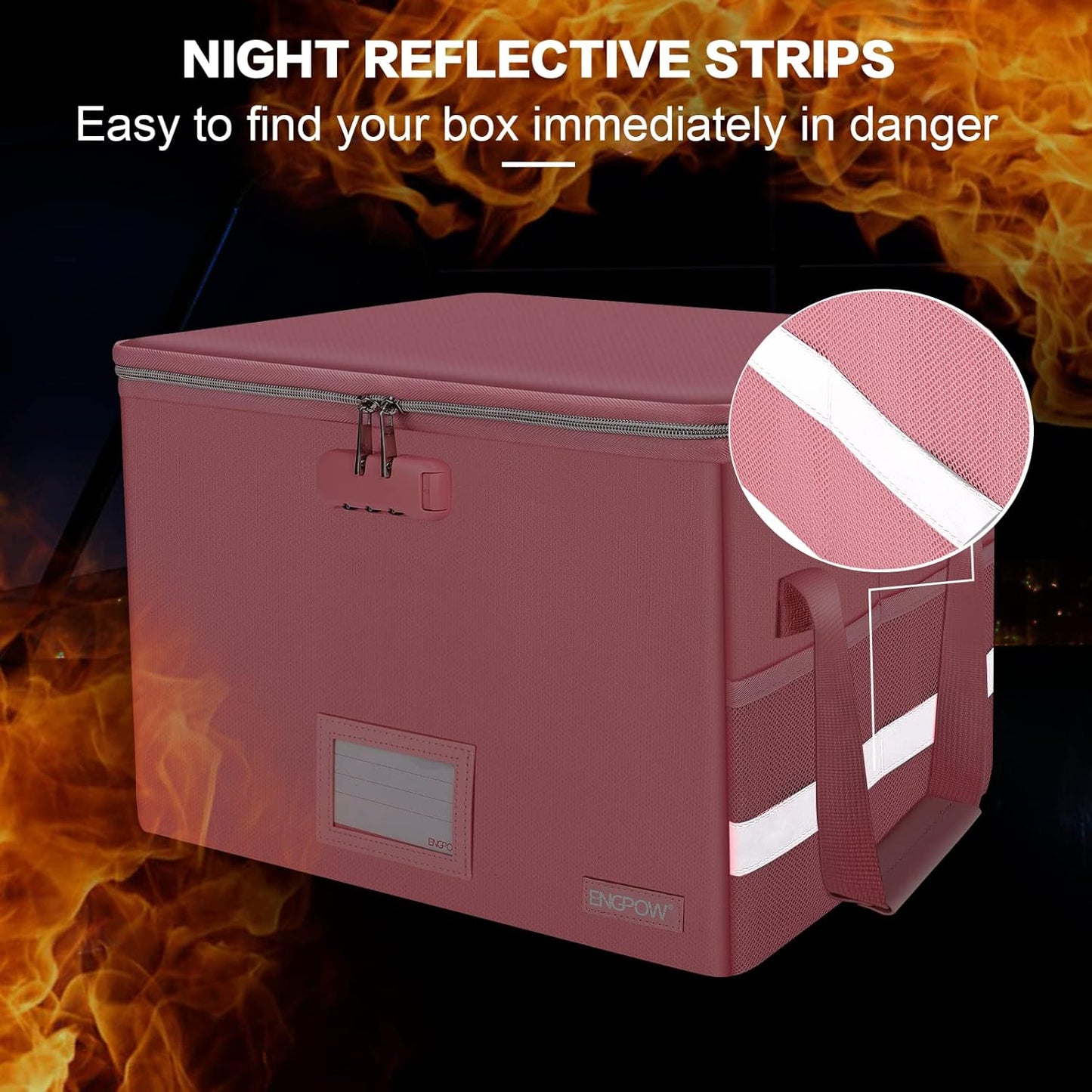 ENGPOW File Box with Lock, File Storage Organizer Box with Zipper Lid,Collapsible Fireproof Document Box Filing Box with Handle,Portable Home Office Safe Box for Hanging Letter/Legal Folder,Pink