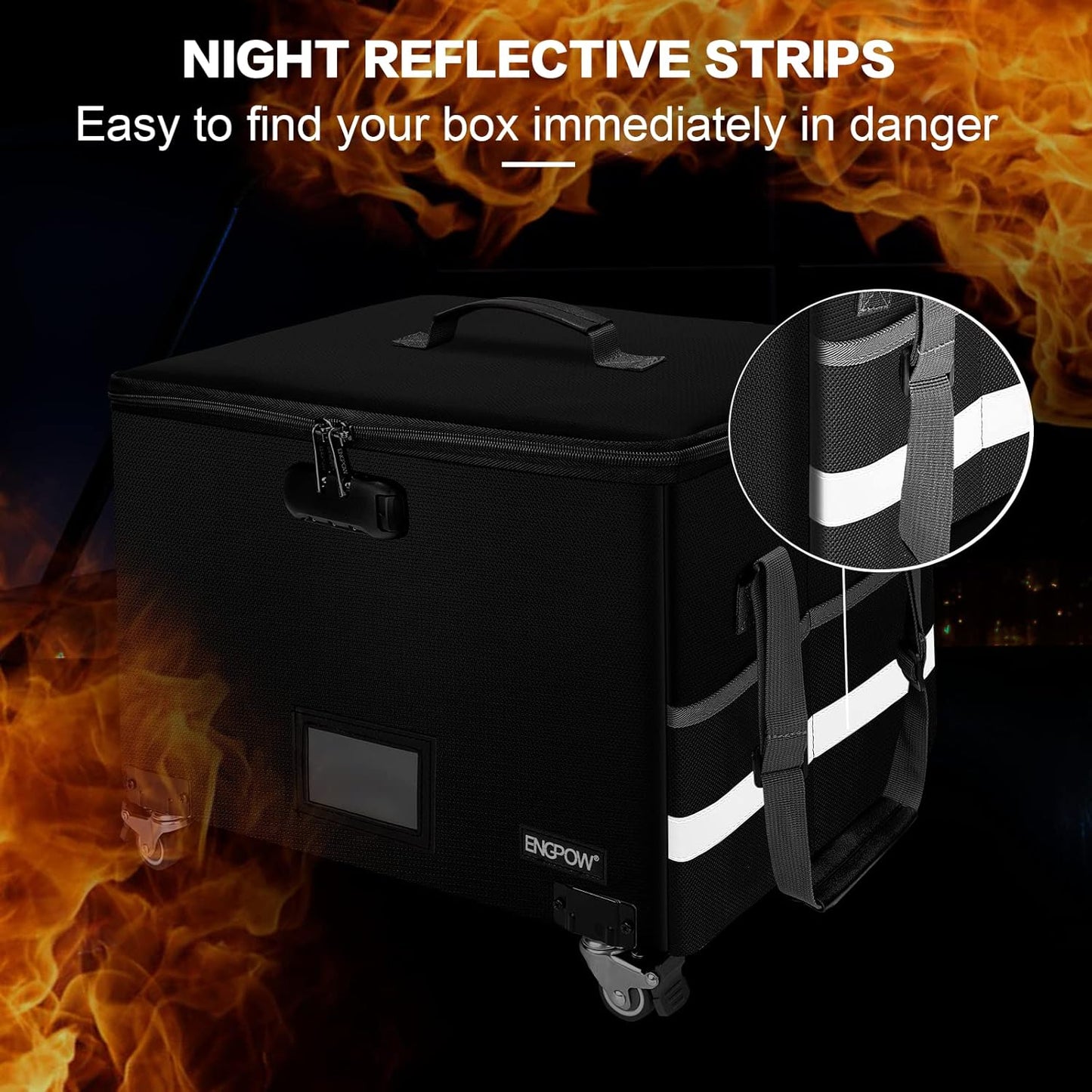 ENGPOW File Box with Wheels, Fireproof Document Box with Lock,Collapsible Rolling File Storage Organizer Box Filing Cabinet with Pockets,Portable Home Office Safe Box for Hanging Letter/Legal Folder