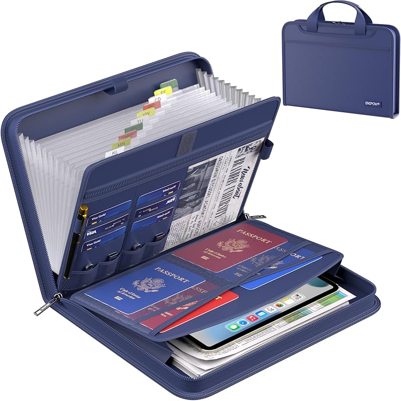 ENGPOW Accordion File Organizer,Fireproof Expanding File Folder with Multi Pockets,13 Pockets Document Organizer with Handle & Labels,Portable Home Travel Safe Storage for Letter A4 Files,Green