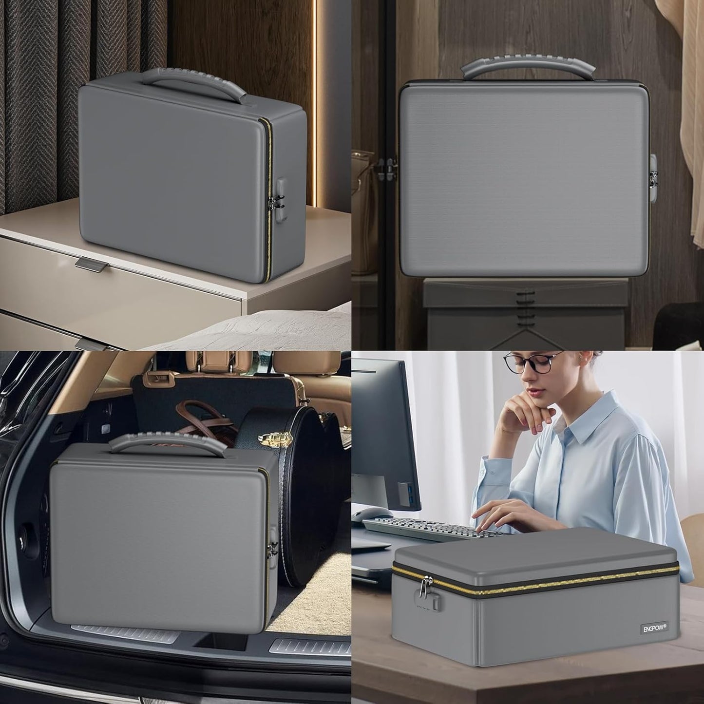 ENGPOW Fireproof Document Box, Hard Fireproof Box with Fireproof Zipper&Lock, 6400°F Heat Insulated Fireproof Water Resistant File Organizer Storage Box Safe for Important Documents,Valuable,Gray