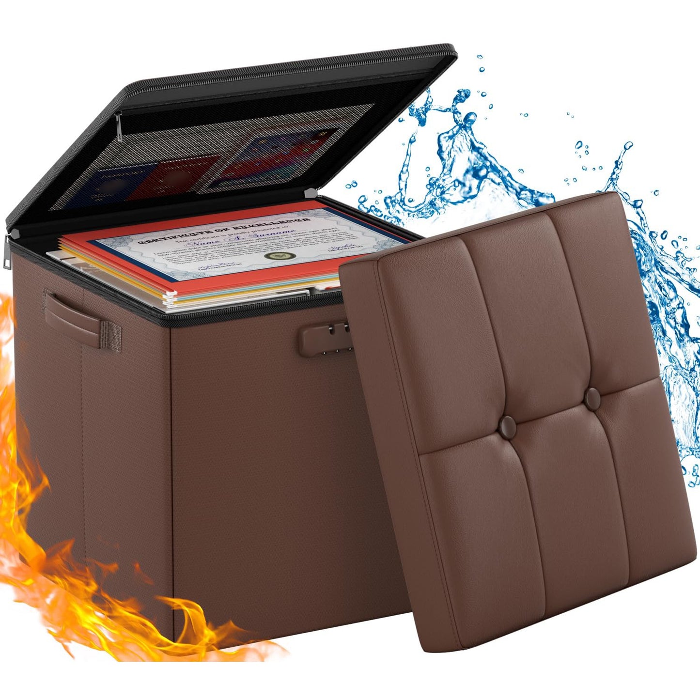 ENGPOW Storage Bench, Fireproof Folding Storage Bench with Lock, 76.2cm Fireproof and Waterproof Storage Chest Footstool Leather Bedroom Bench, Can Store Documents, Valuables, Black