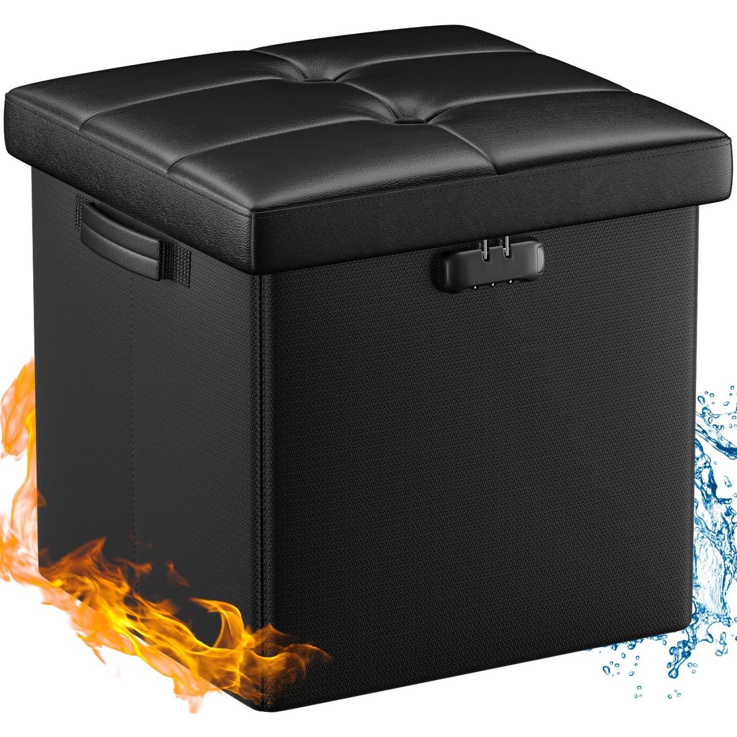 ENGPOW Storage Bench, Fireproof Folding Storage Bench with Lock, 76.2cm Fireproof and Waterproof Storage Chest Footstool Leather Bedroom Bench, Can Store Documents, Valuables, Black