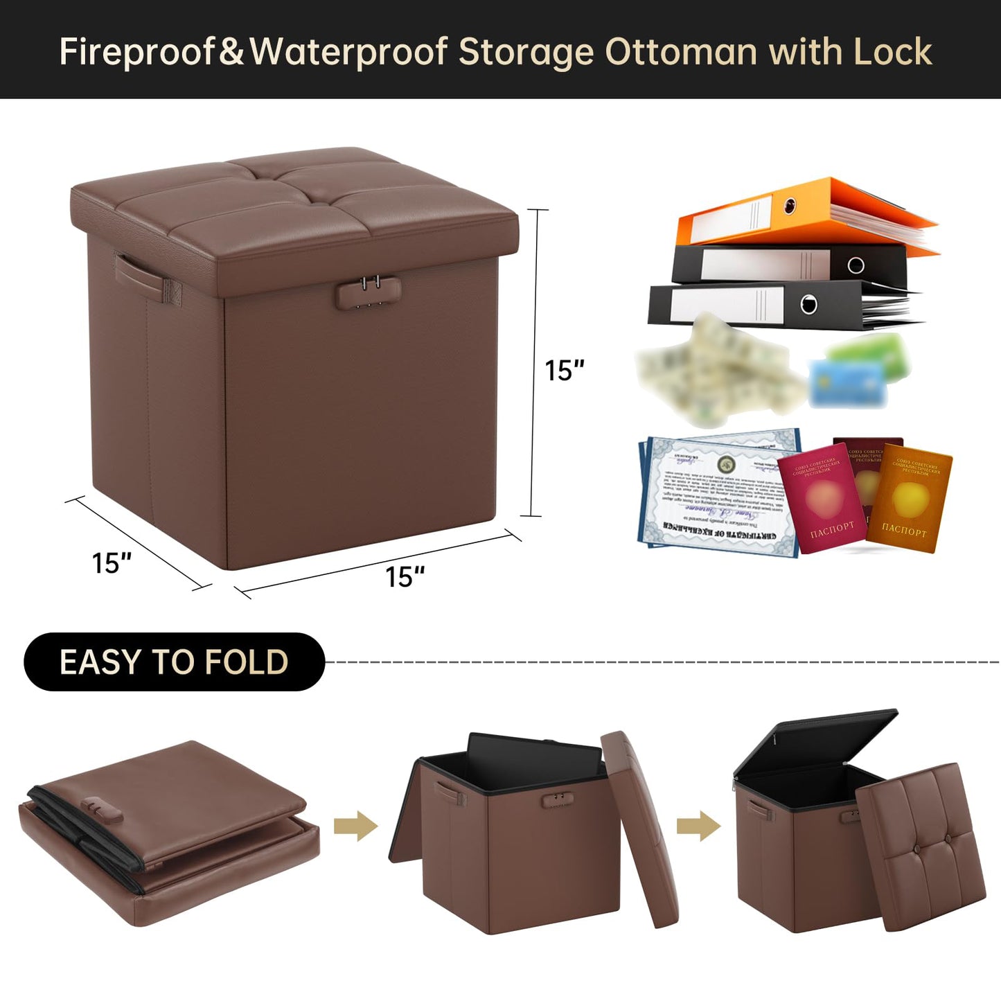 ENGPOW Storage Bench, Fireproof Folding Storage Bench with Lock, 76.2cm Fireproof and Waterproof Storage Chest Footstool Leather Bedroom Bench, Can Store Documents, Valuables, Black