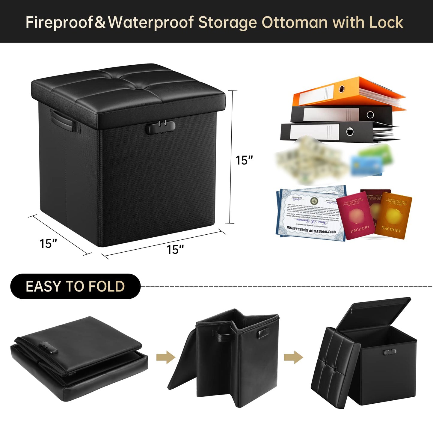 ENGPOW Storage Bench, Fireproof Folding Storage Bench with Lock, 76.2cm Fireproof and Waterproof Storage Chest Footstool Leather Bedroom Bench, Can Store Documents, Valuables, Black
