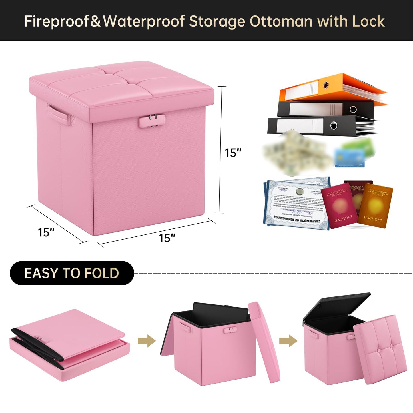 ENGPOW Storage Bench, Fireproof Folding Storage Bench with Lock, 76.2cm Fireproof and Waterproof Storage Chest Footstool Leather Bedroom Bench, Can Store Documents, Valuables, Black