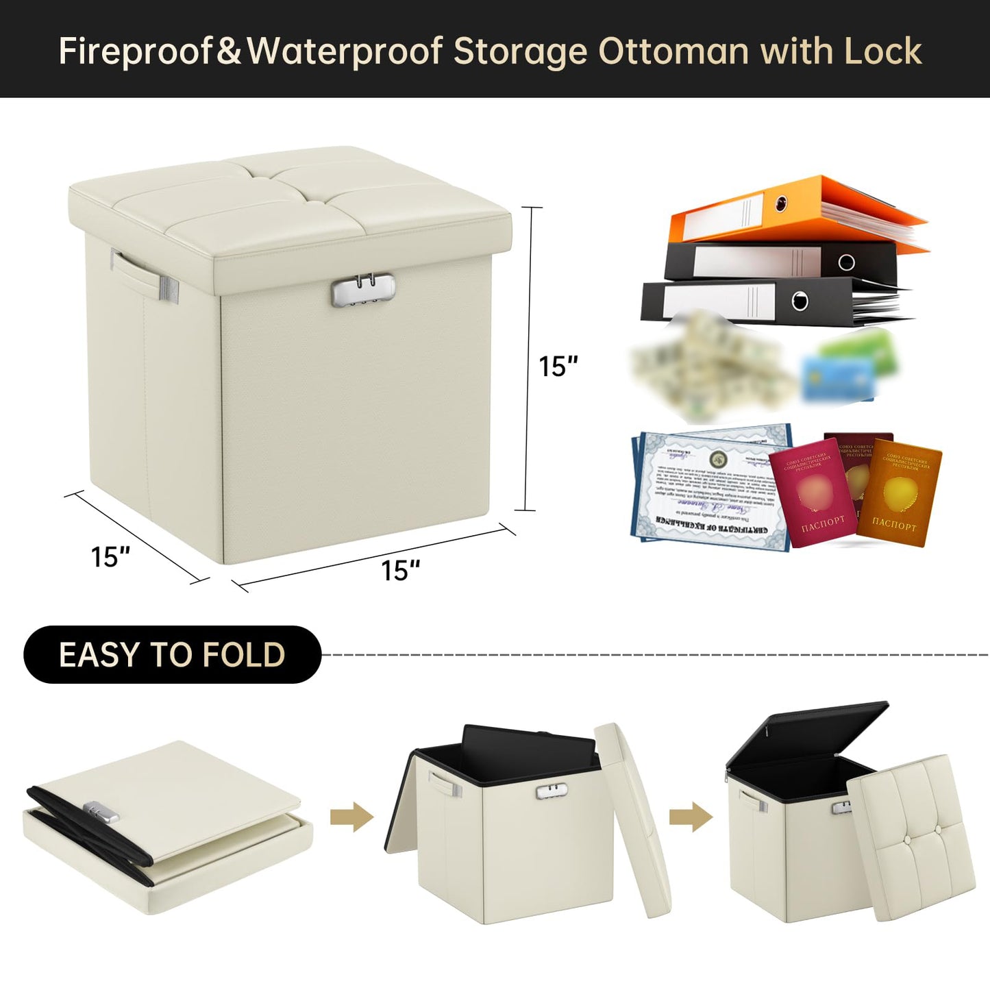 ENGPOW Storage Bench, Fireproof Folding Storage Bench with Lock, 76.2cm Fireproof and Waterproof Storage Chest Footstool Leather Bedroom Bench, Can Store Documents, Valuables, Black
