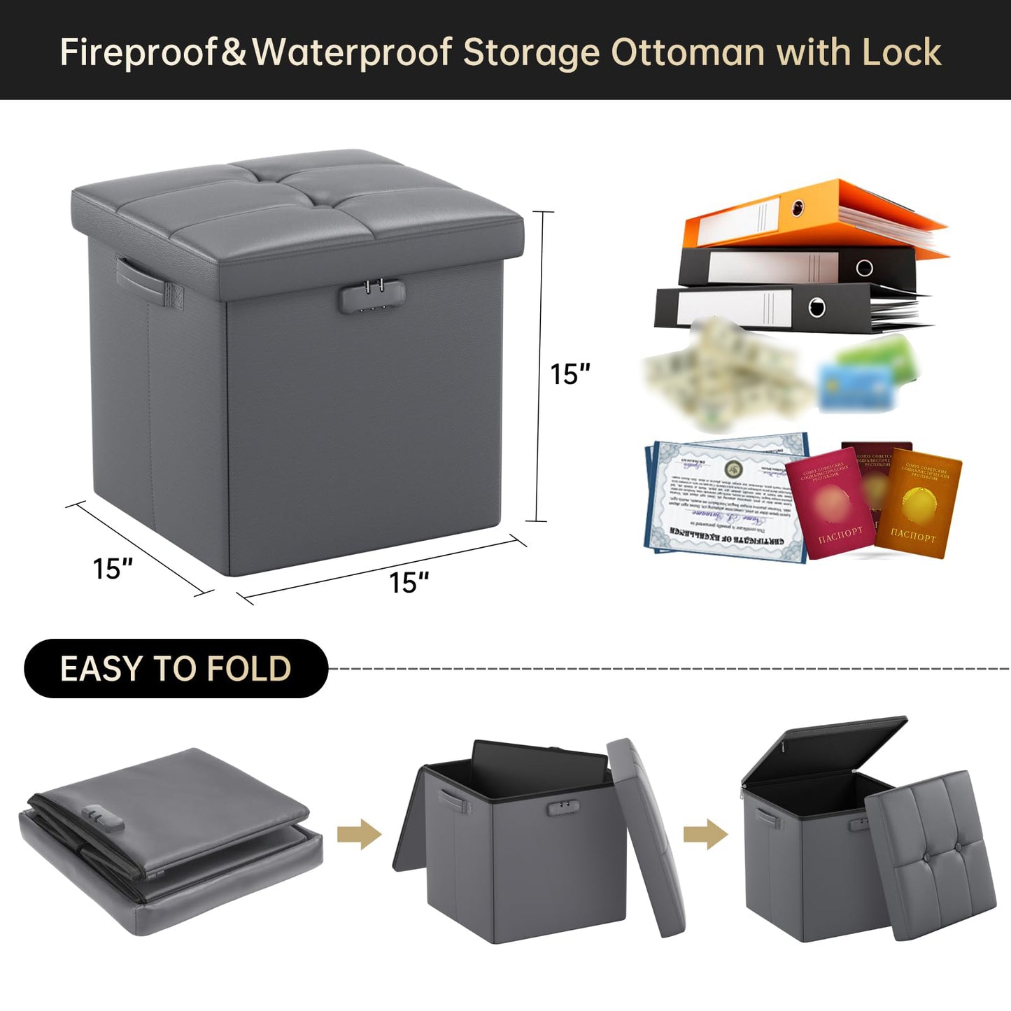 ENGPOW Storage Bench, Fireproof Folding Storage Bench with Lock, 76.2cm Fireproof and Waterproof Storage Chest Footstool Leather Bedroom Bench, Can Store Documents, Valuables, Black