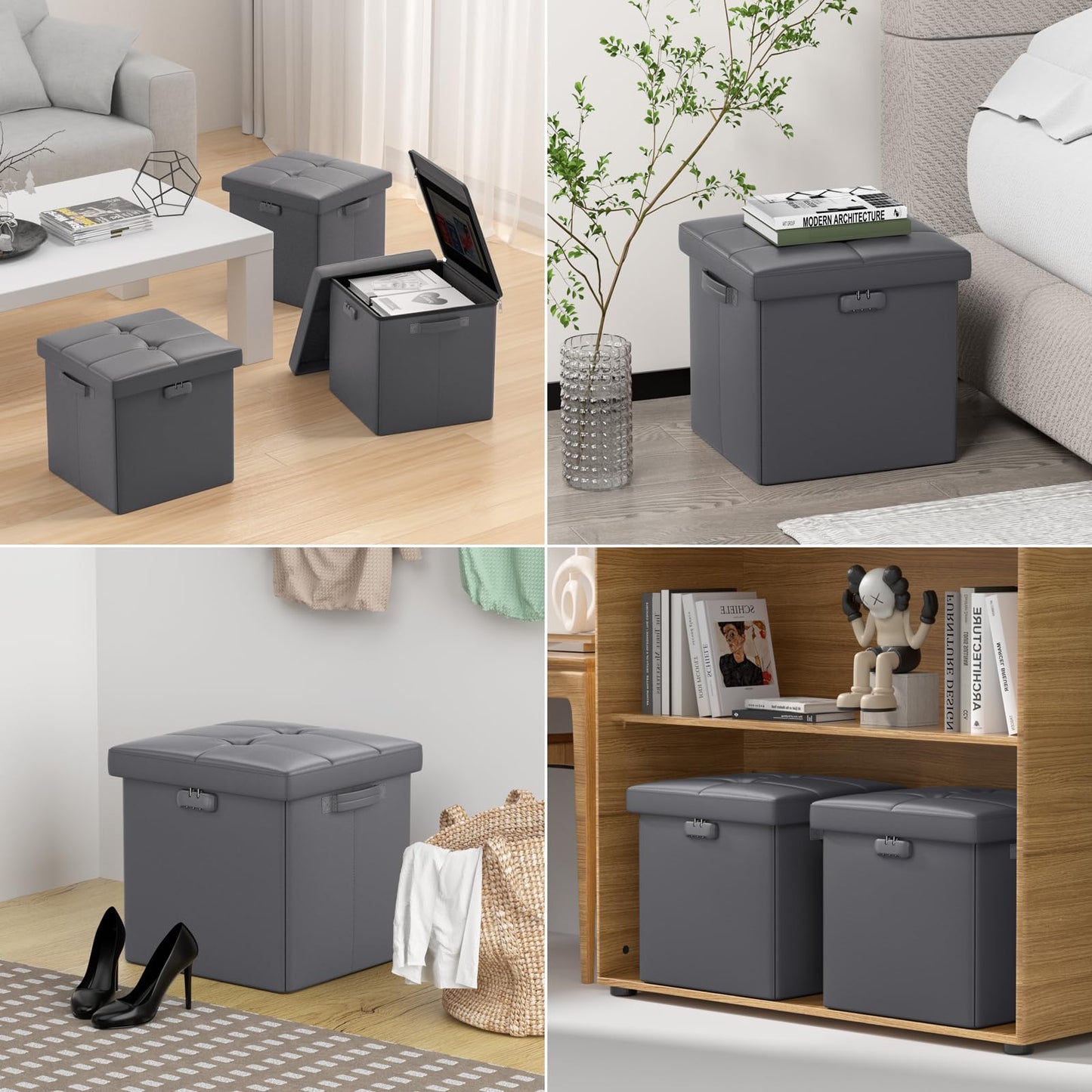ENGPOW Storage Bench, Fireproof Folding Storage Bench with Lock, 76.2cm Fireproof and Waterproof Storage Chest Footstool Leather Bedroom Bench, Can Store Documents, Valuables, Black