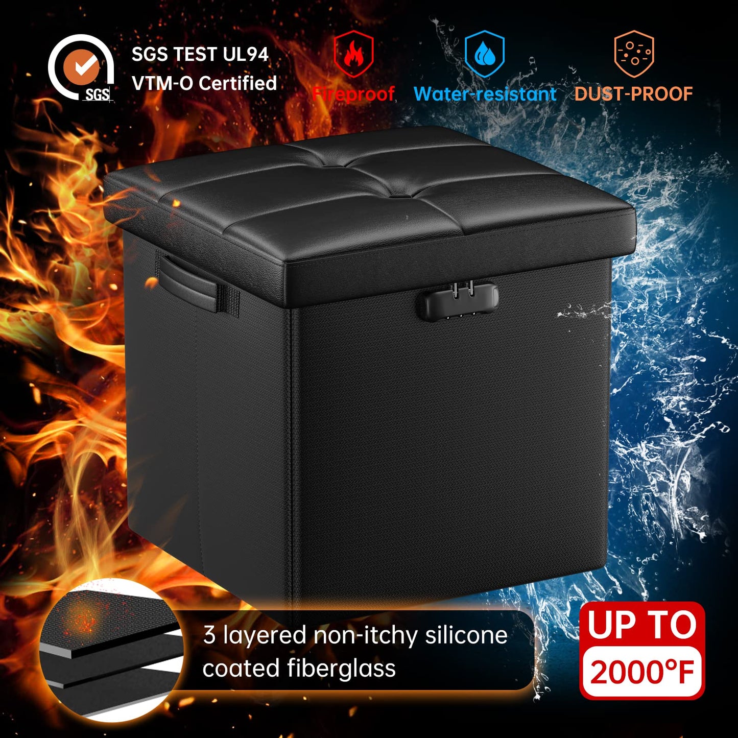 ENGPOW Storage Bench, Fireproof Folding Storage Bench with Lock, 76.2cm Fireproof and Waterproof Storage Chest Footstool Leather Bedroom Bench, Can Store Documents, Valuables, Black