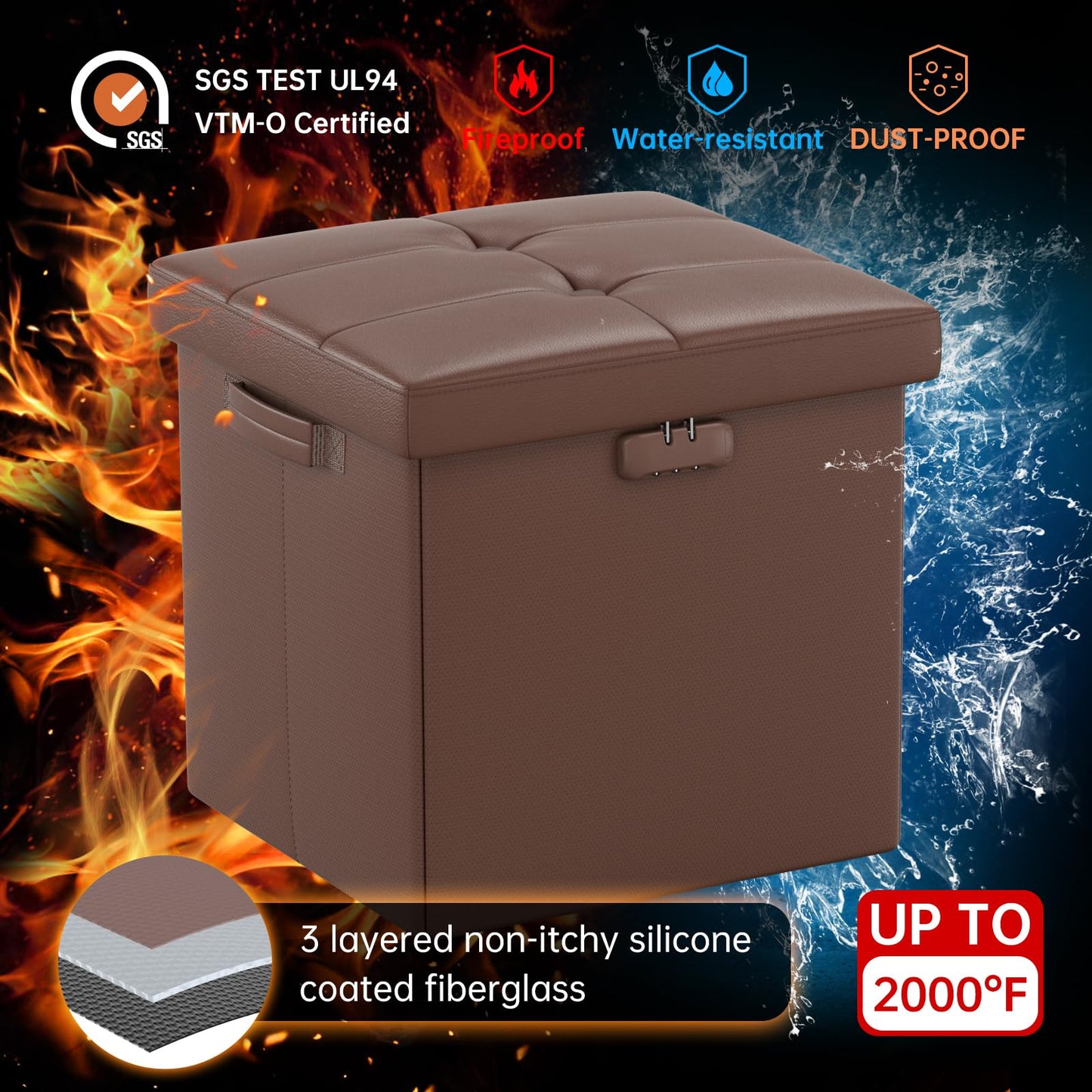 ENGPOW Storage Bench, Fireproof Folding Storage Bench with Lock, 76.2cm Fireproof and Waterproof Storage Chest Footstool Leather Bedroom Bench, Can Store Documents, Valuables, Black