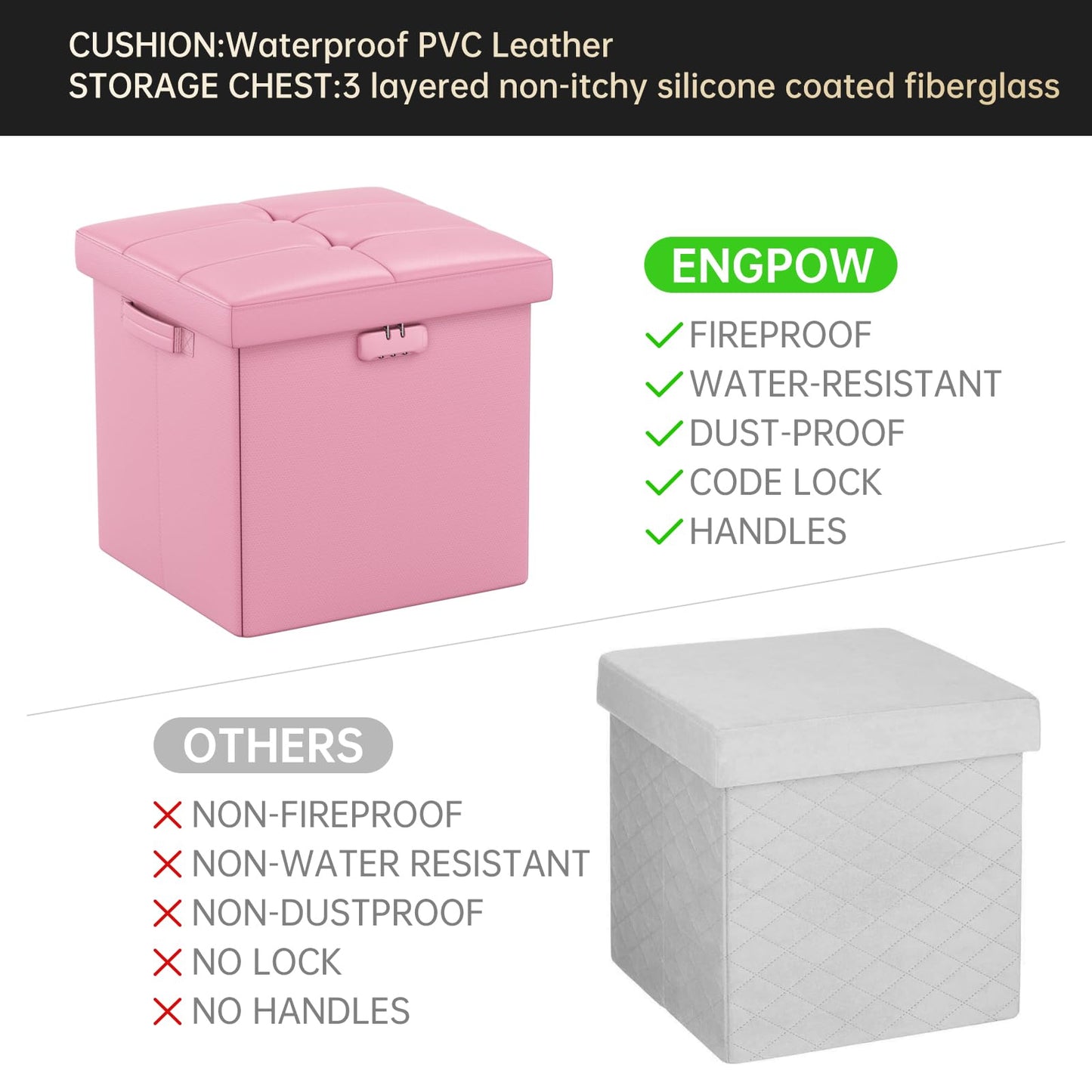 ENGPOW Storage Bench, Fireproof Folding Storage Bench with Lock, 76.2cm Fireproof and Waterproof Storage Chest Footstool Leather Bedroom Bench, Can Store Documents, Valuables, Black