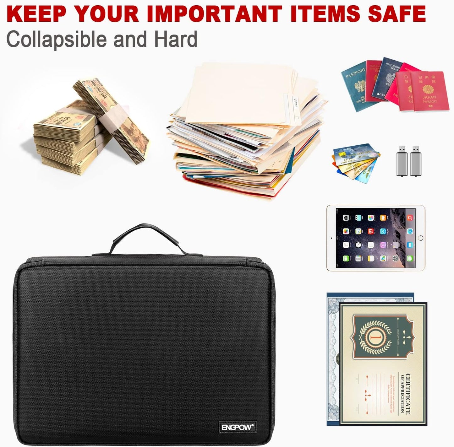 ENGPOW Fireproof Document Organizer Box with Lock,Collapsible Hard File Storage Box,Multi-Layer Waterproof Portable Travel Home Filing Storage Fireproof Safe for Important File,Cash,Letter/Legal Size