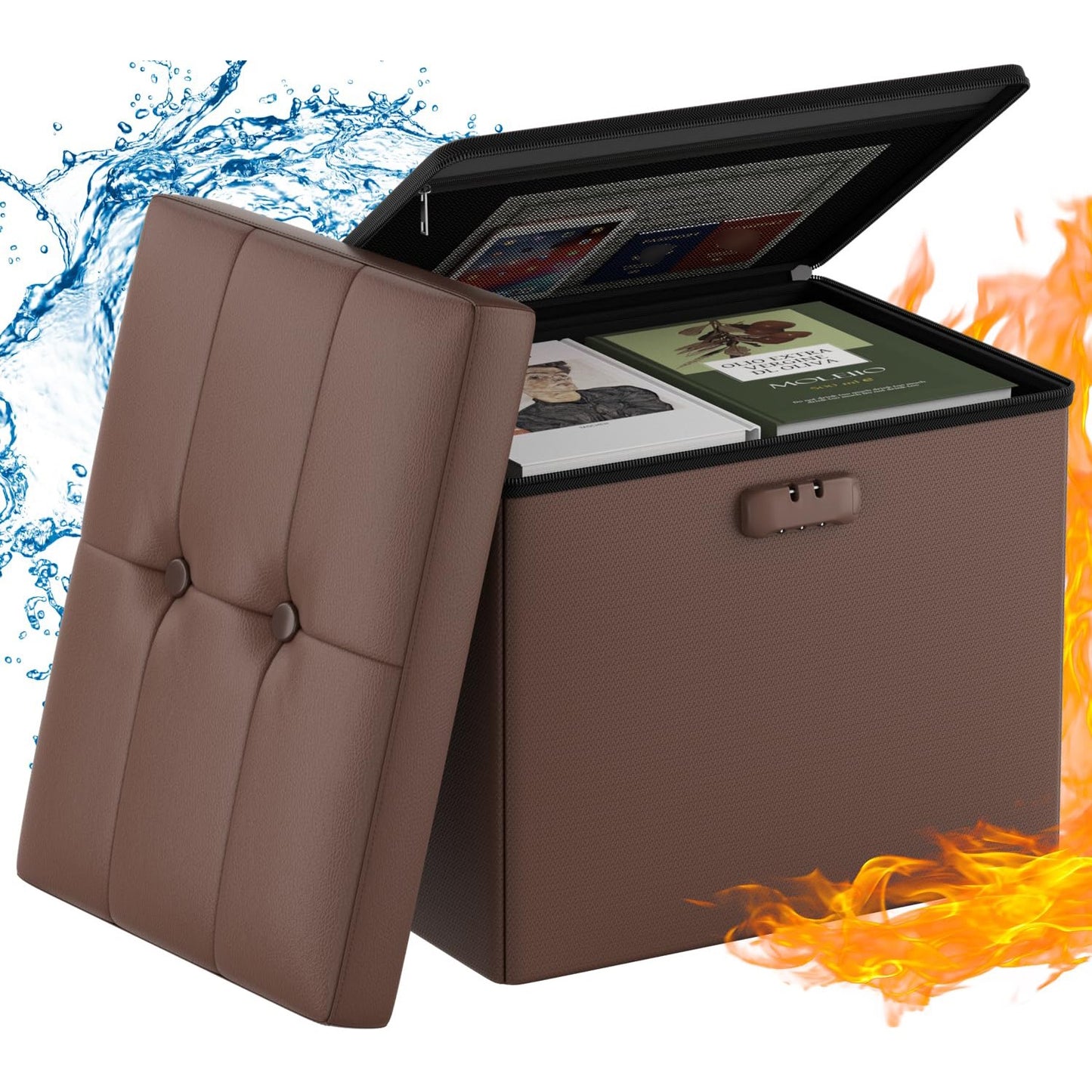 ENGPOW Storage Bench, Fireproof Folding Storage Bench with Lock, 76.2cm Fireproof and Waterproof Storage Chest Footstool Leather Bedroom Bench, Can Store Documents, Valuables, Black