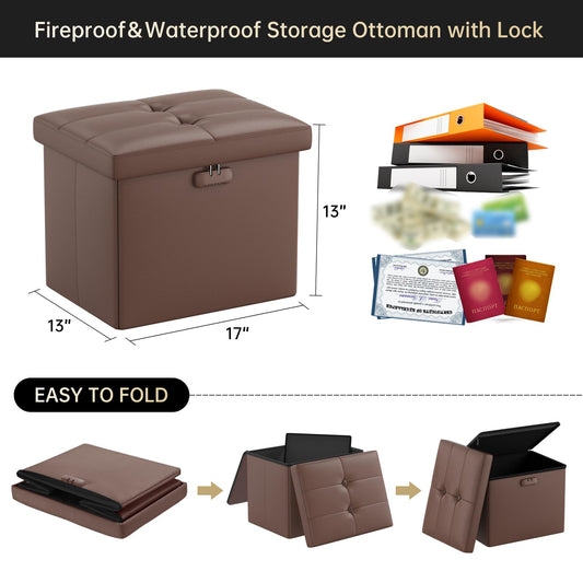 ENGPOW Storage Bench, Fireproof Folding Storage Bench with Lock, 76.2cm Fireproof and Waterproof Storage Chest Footstool Leather Bedroom Bench, Can Store Documents, Valuables, Black
