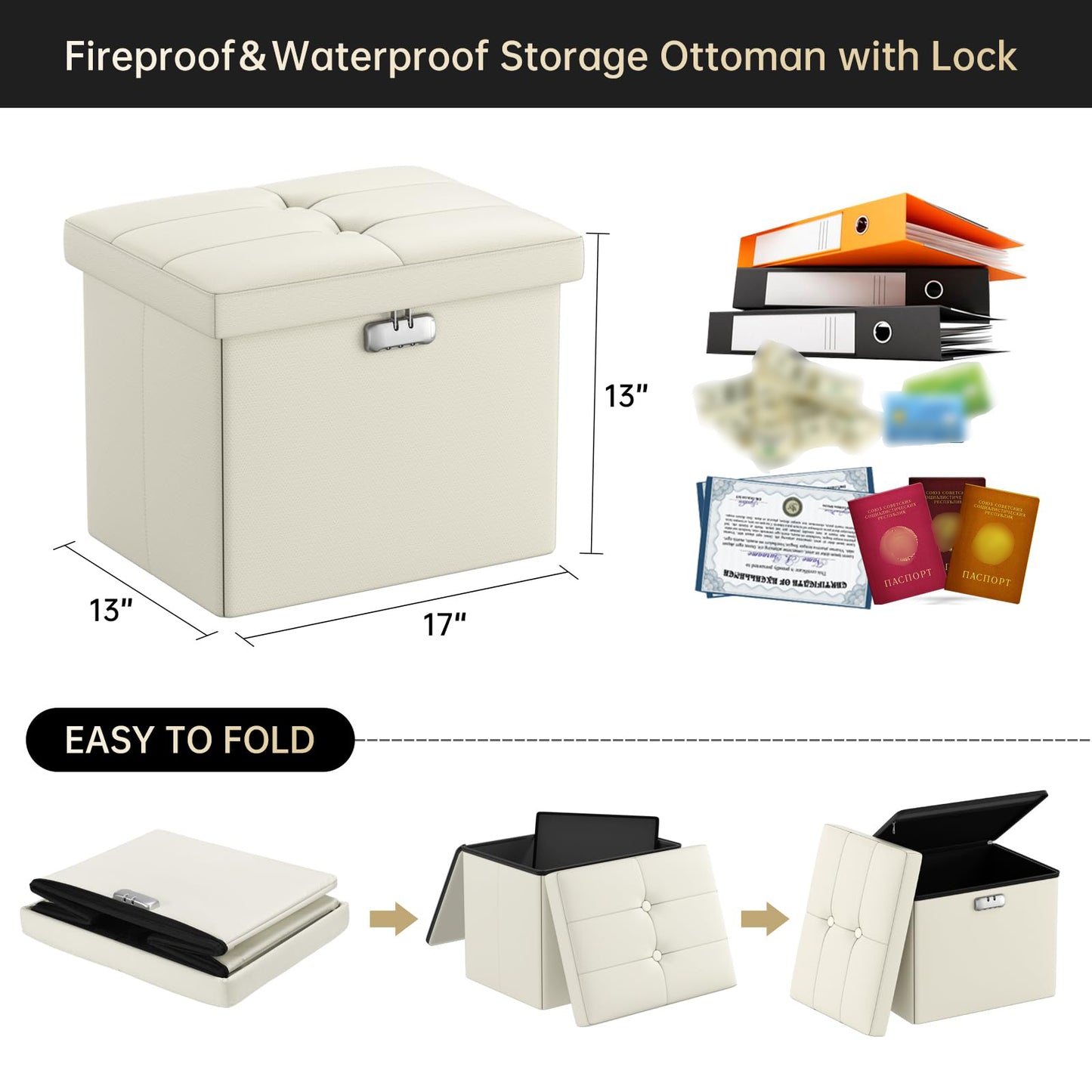 ENGPOW Storage Bench, Fireproof Folding Storage Bench with Lock, 76.2cm Fireproof and Waterproof Storage Chest Footstool Leather Bedroom Bench, Can Store Documents, Valuables, Black