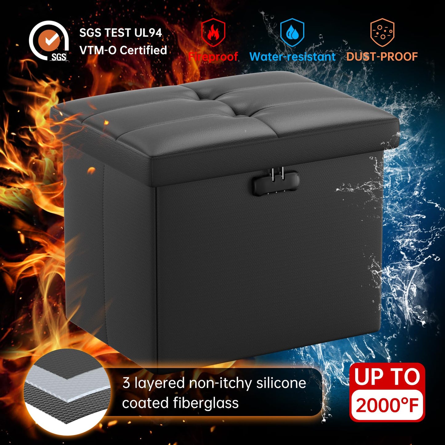ENGPOW Storage Bench, Fireproof Folding Storage Bench with Lock, 76.2cm Fireproof and Waterproof Storage Chest Footstool Leather Bedroom Bench, Can Store Documents, Valuables, Black