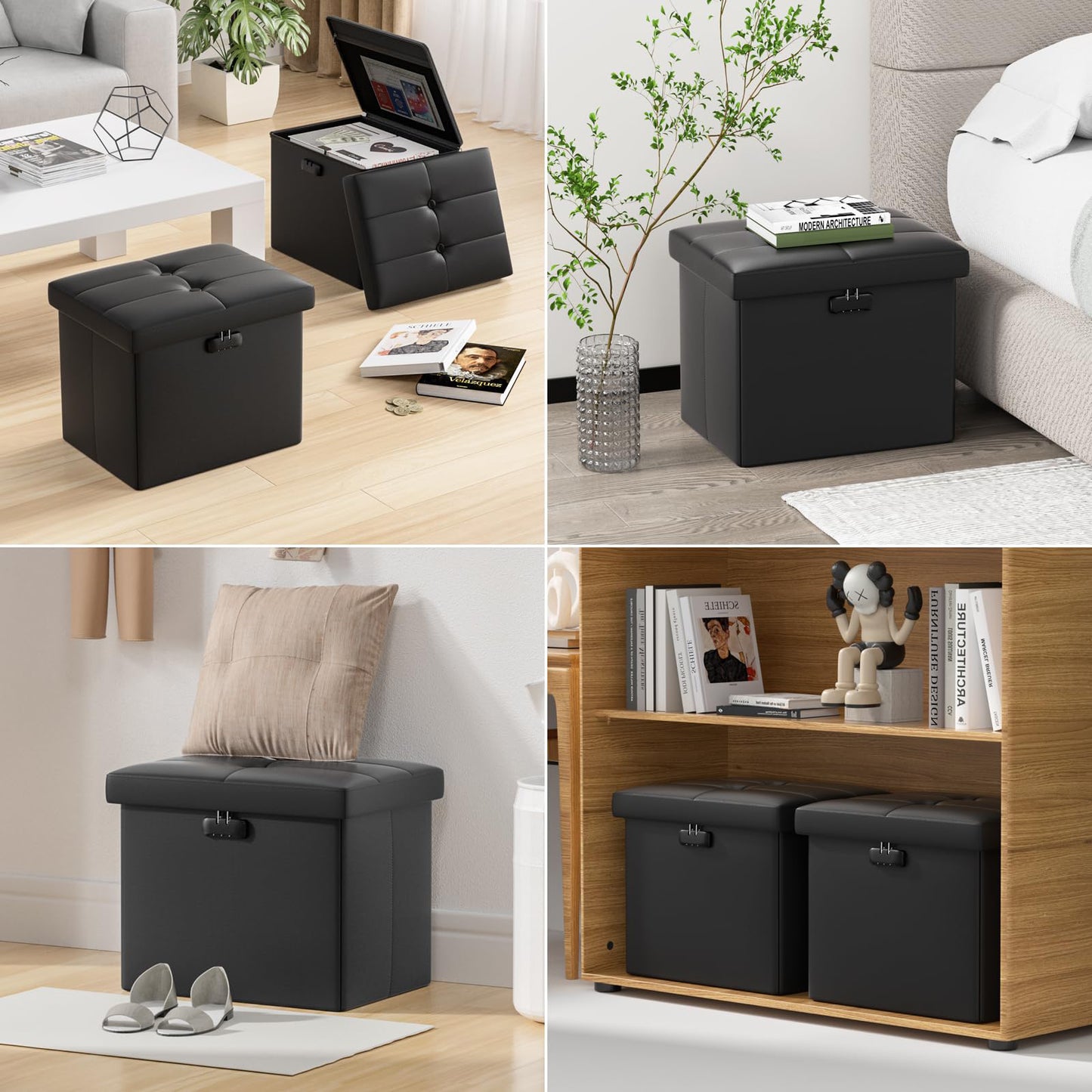 ENGPOW Storage Bench, Fireproof Folding Storage Bench with Lock, 76.2cm Fireproof and Waterproof Storage Chest Footstool Leather Bedroom Bench, Can Store Documents, Valuables, Black