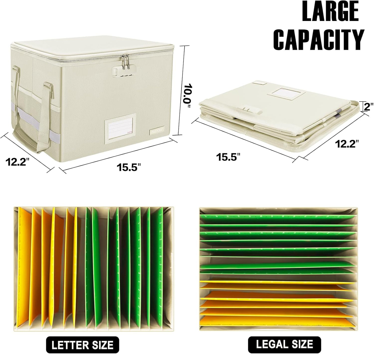 ENGPOW File Box with Lock,Fireproof Document Box with Pockets,Collapsible File Storage Organizer Box Filing Box with Handle,Portable Home Office Safe Box for Hanging Letter/Legal Folder,2 Pack(Beige)