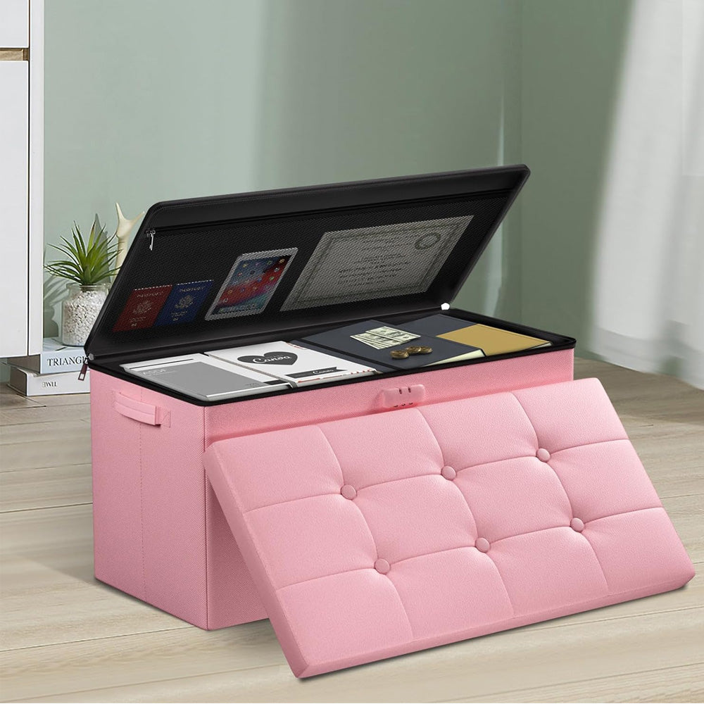 Pink Fireproof Storage Ottoman Bench Folding Bench with Lock