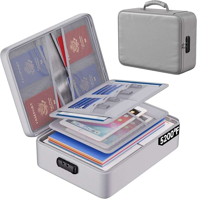 ENGPOW Fireproof Document Box,Hard Fireproof Box with Fireproof Zipper&Lock,Fireproof Water Resistant Box File Organizer Storage Box Portable Safe for Important Documents,Files,Laptop,Valuable,Black