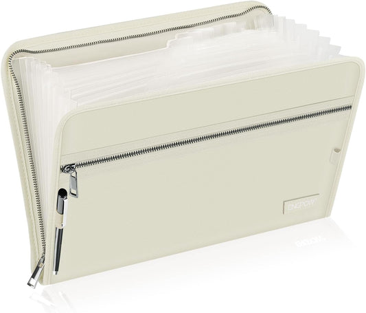 ENGPOW Accordion File Organizer,Fireproof 13 Pockets Expanding File Folder,Document Organizer Folder with Zipper&Labels,Portable Home Travel Safe Storage for Letter A4 Files and More,Beige