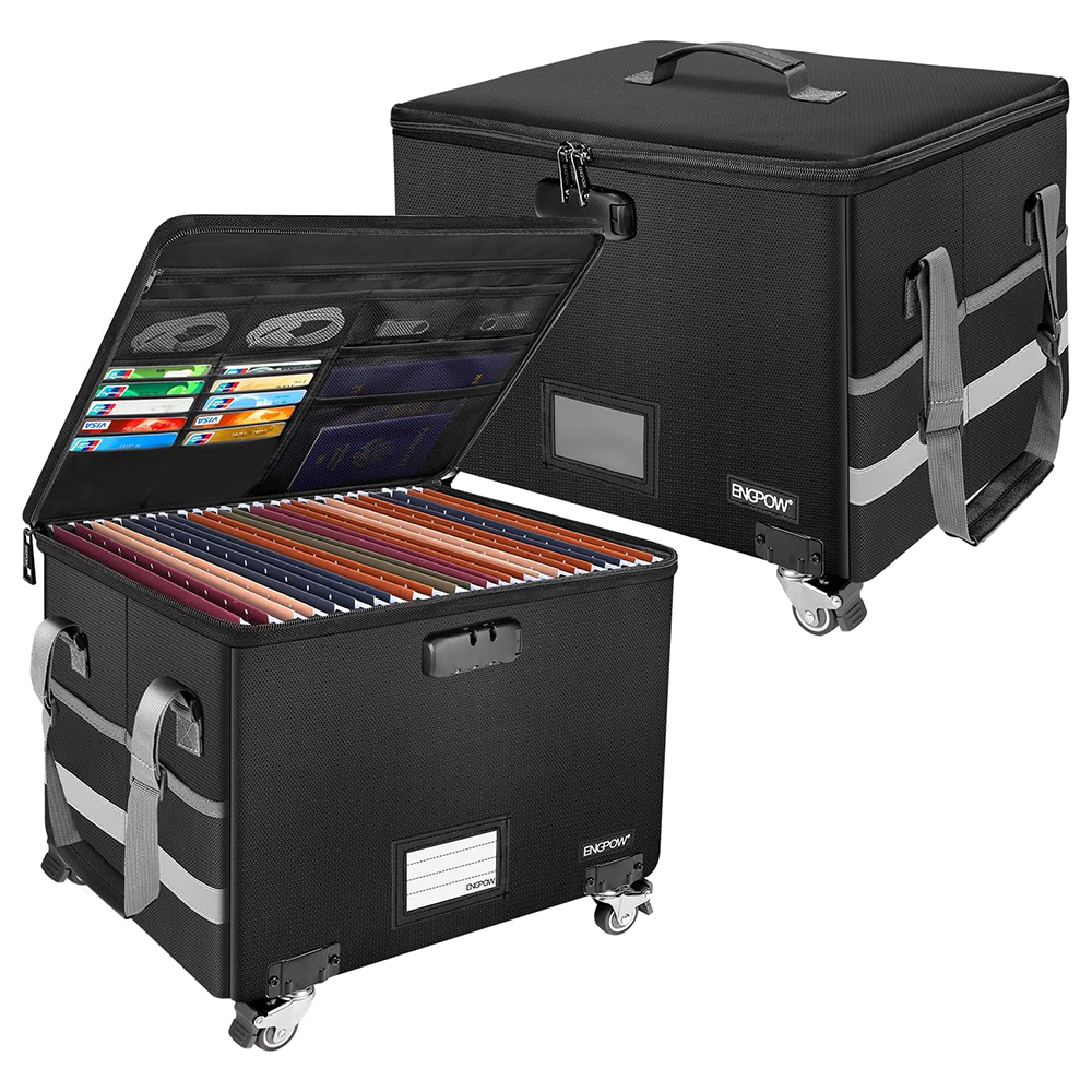 ENGPOW Fireproof Rolling File Box with Lock & Wheels, Portable Document Organizer for Letter/Legal Folders