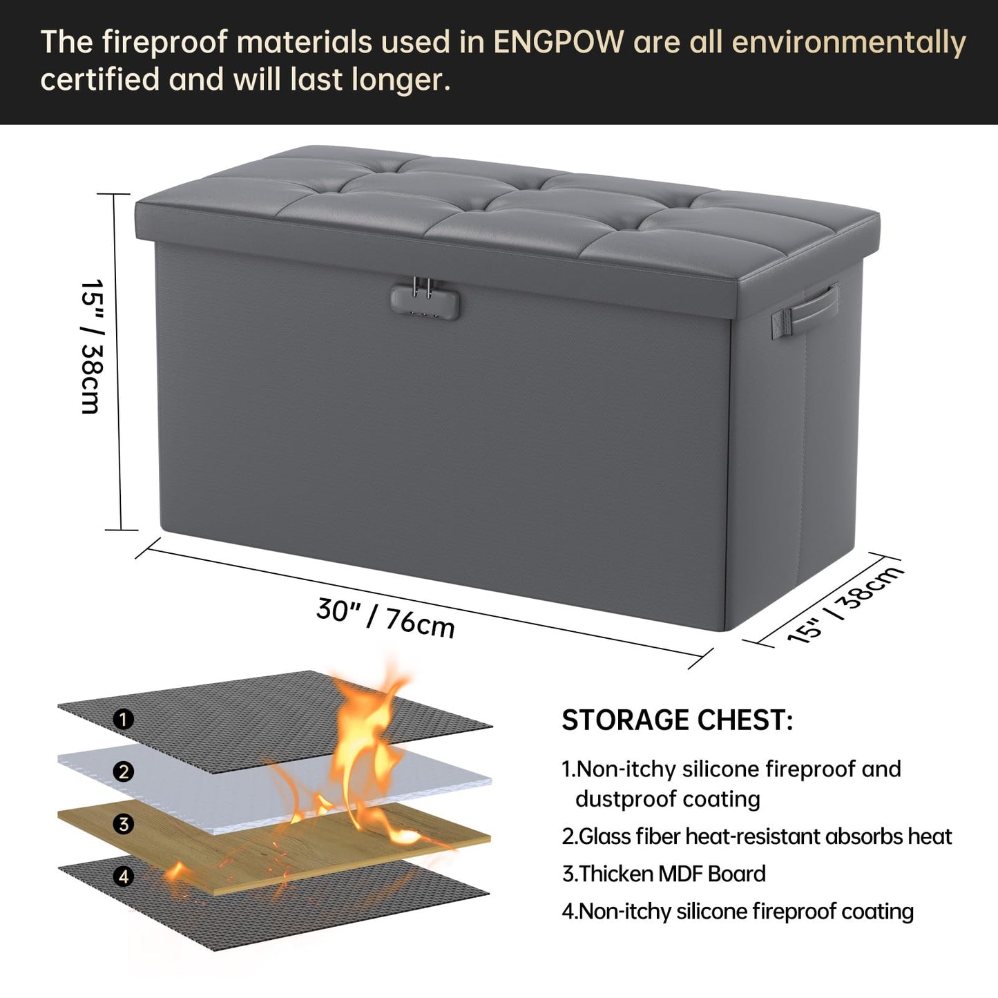 ENGPOW Storage Bench, Fireproof Folding Storage Bench with Lock, 76.2cm Fireproof and Waterproof Storage Chest Footstool Leather Bedroom Bench, Can Store Documents, Valuables, Black