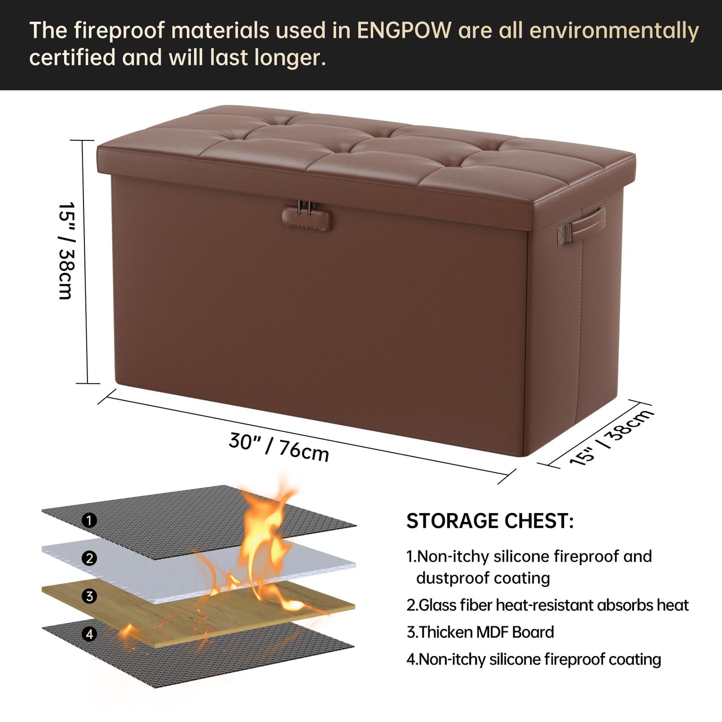 ENGPOW Storage Bench, Fireproof Folding Storage Bench with Lock, 76.2cm Fireproof and Waterproof Storage Chest Footstool Leather Bedroom Bench, Can Store Documents, Valuables, Black