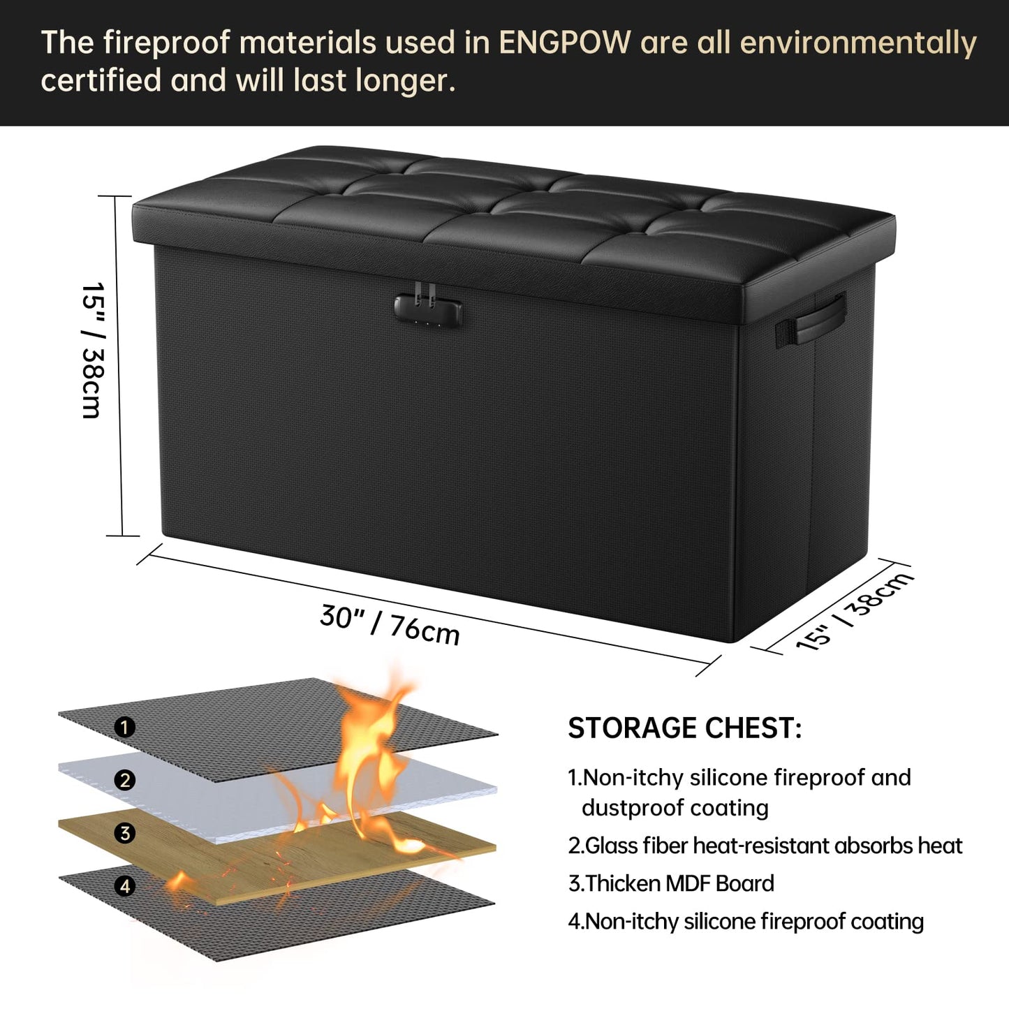 ENGPOW Storage Bench, Fireproof Folding Storage Bench with Lock, 76.2cm Fireproof and Waterproof Storage Chest Footstool Leather Bedroom Bench, Can Store Documents, Valuables, Black