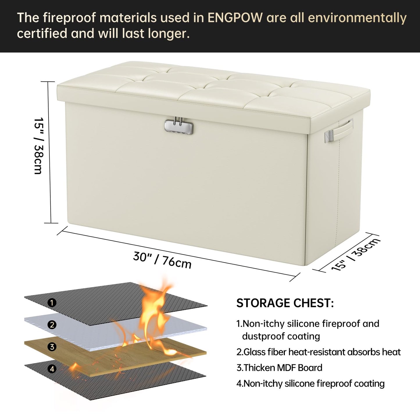 ENGPOW Storage Bench, Fireproof Folding Storage Bench with Lock, 76.2cm Fireproof and Waterproof Storage Chest Footstool Leather Bedroom Bench, Can Store Documents, Valuables, Black