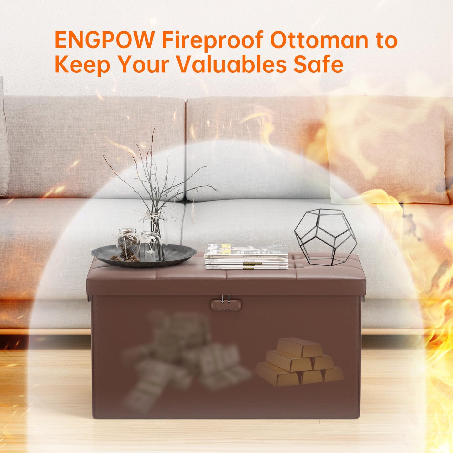 ENGPOW Storage Bench, Fireproof Folding Storage Bench with Lock, 76.2cm Fireproof and Waterproof Storage Chest Footstool Leather Bedroom Bench, Can Store Documents, Valuables, Black