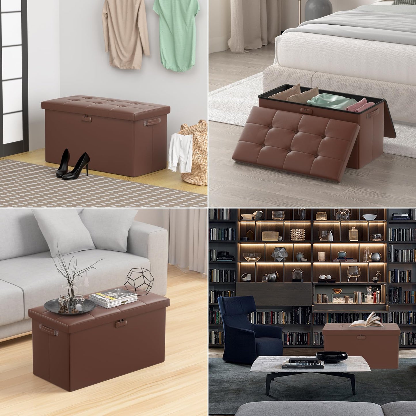 ENGPOW Storage Bench, Fireproof Folding Storage Bench with Lock, 76.2cm Fireproof and Waterproof Storage Chest Footstool Leather Bedroom Bench, Can Store Documents, Valuables, Black
