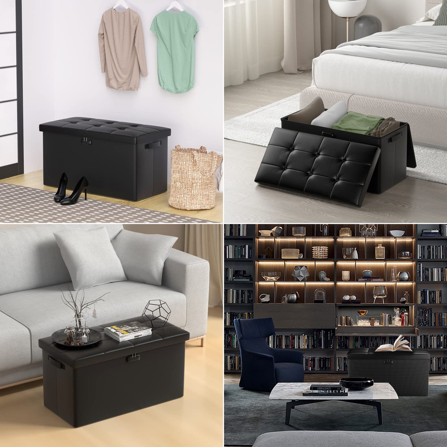 ENGPOW Storage Bench, Fireproof Folding Storage Bench with Lock, 76.2cm Fireproof and Waterproof Storage Chest Footstool Leather Bedroom Bench, Can Store Documents, Valuables, Black