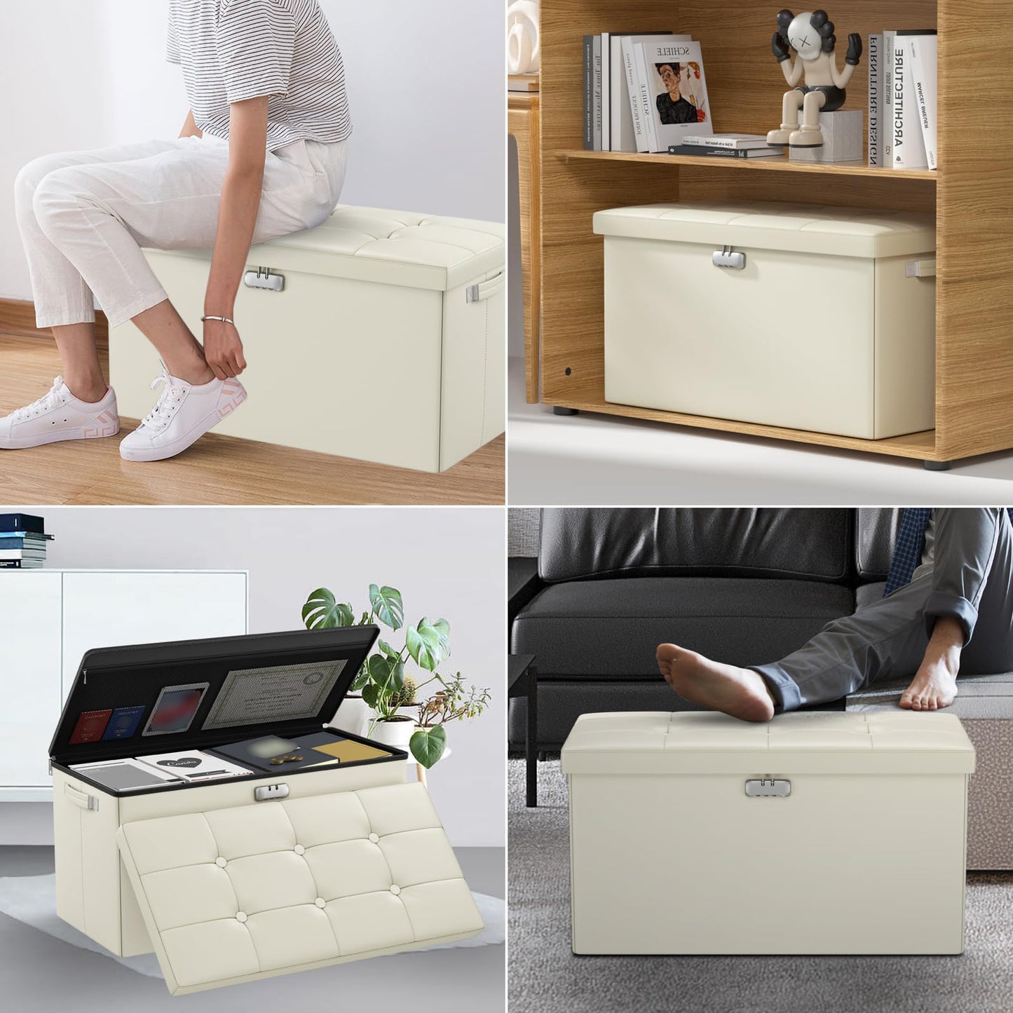 ENGPOW Storage Bench, Fireproof Folding Storage Bench with Lock, 76.2cm Fireproof and Waterproof Storage Chest Footstool Leather Bedroom Bench, Can Store Documents, Valuables, Black