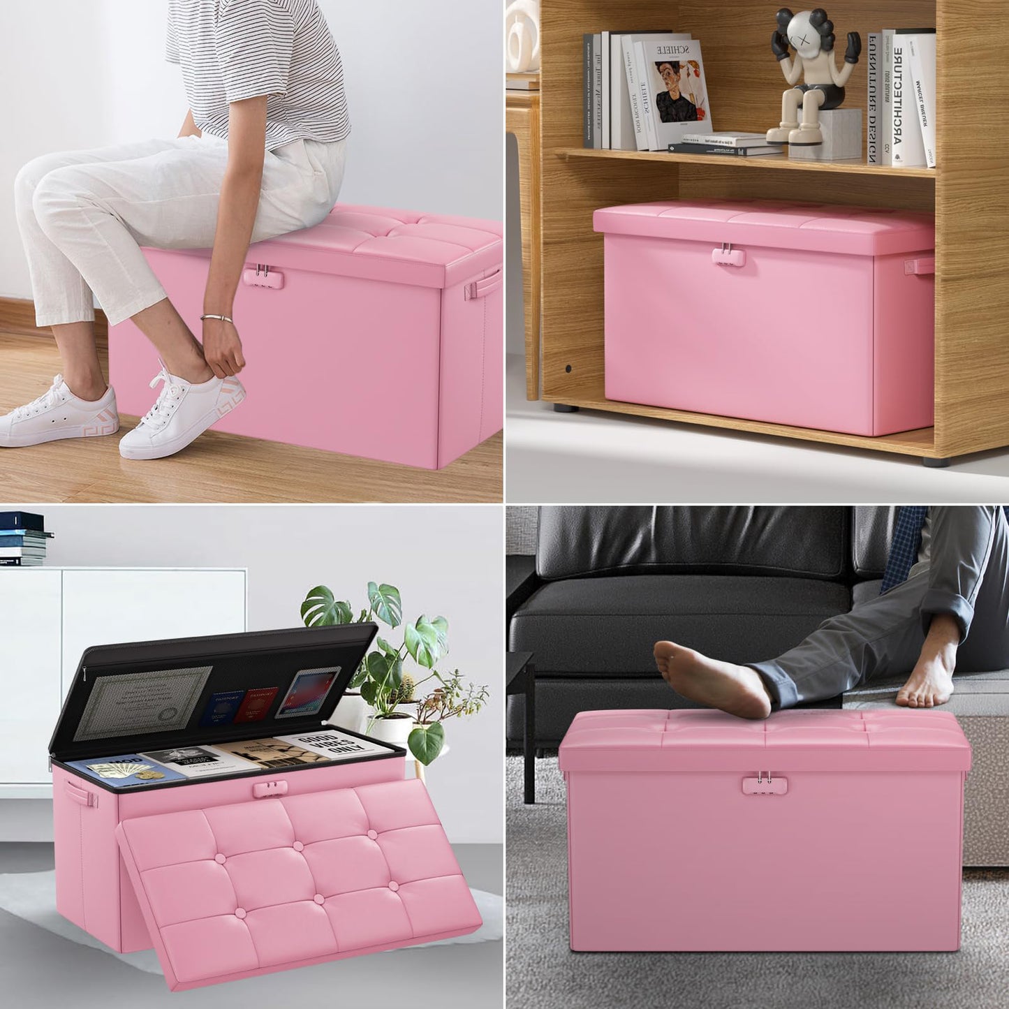 ENGPOW Storage Bench, Fireproof Folding Storage Bench with Lock, 76.2cm Fireproof and Waterproof Storage Chest Footstool Leather Bedroom Bench, Can Store Documents, Valuables, Black