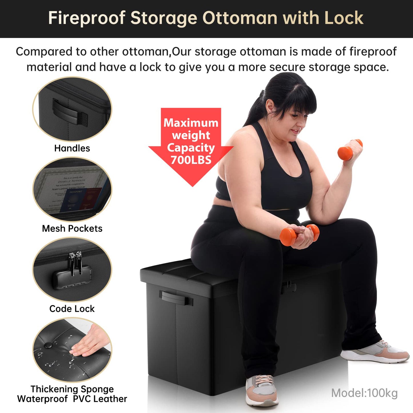 ENGPOW Storage Bench, Fireproof Folding Storage Bench with Lock, 76.2cm Fireproof and Waterproof Storage Chest Footstool Leather Bedroom Bench, Can Store Documents, Valuables, Black