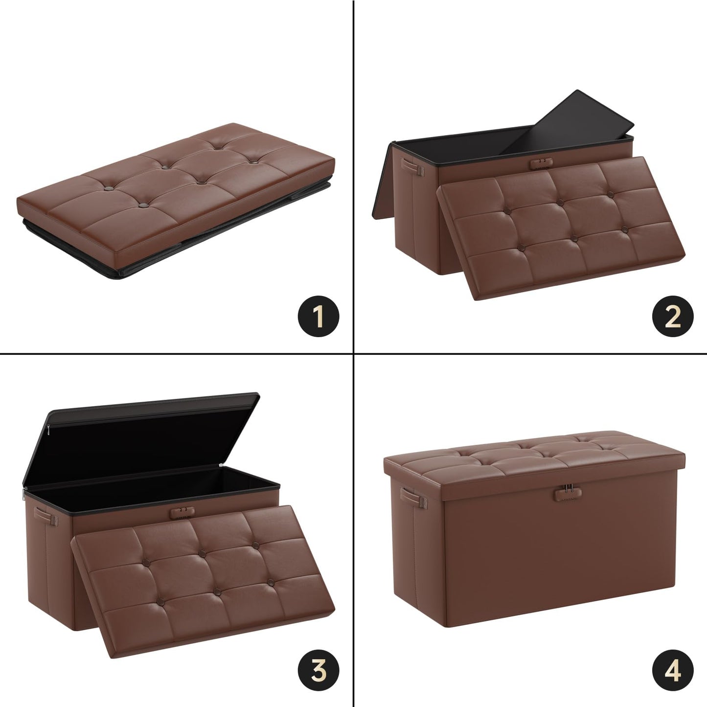 ENGPOW Storage Bench, Fireproof Folding Storage Bench with Lock, 76.2cm Fireproof and Waterproof Storage Chest Footstool Leather Bedroom Bench, Can Store Documents, Valuables, Black