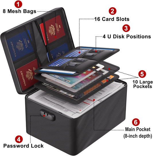ENGPOW Large Document Organizer with Lock (15" x 11" x 8"), 4-Layer Fireproof & Water-Resistant Safe Bag File Organizer Storage for Important Documents, Certificates, Laptop, Passports, Black