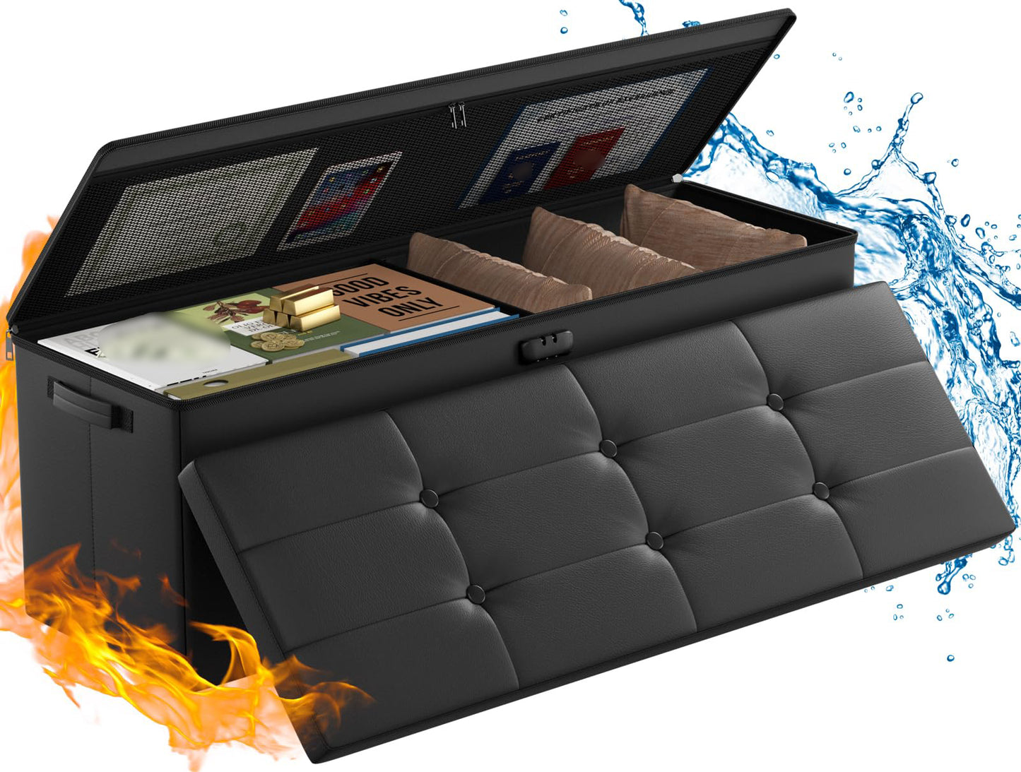 ENGPOW Storage Bench, Fireproof Folding Storage Bench with Lock, 76.2cm Fireproof and Waterproof Storage Chest Footstool Leather Bedroom Bench, Can Store Documents, Valuables, Black
