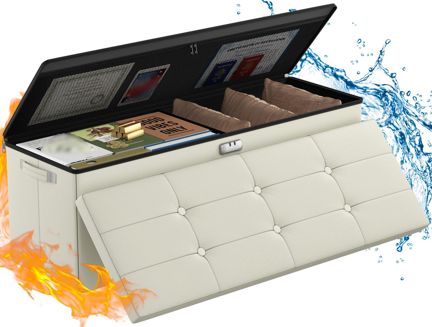 ENGPOW Storage Bench, Fireproof Folding Storage Bench with Lock, 76.2cm Fireproof and Waterproof Storage Chest Footstool Leather Bedroom Bench, Can Store Documents, Valuables, Black