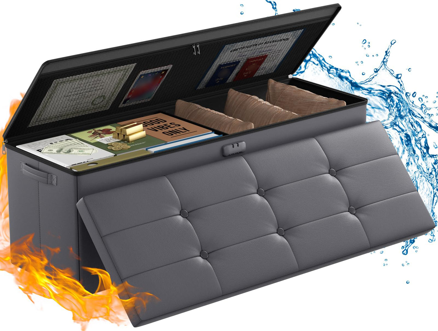ENGPOW Storage Bench, Fireproof Folding Storage Bench with Lock, 76.2cm Fireproof and Waterproof Storage Chest Footstool Leather Bedroom Bench, Can Store Documents, Valuables, Black
