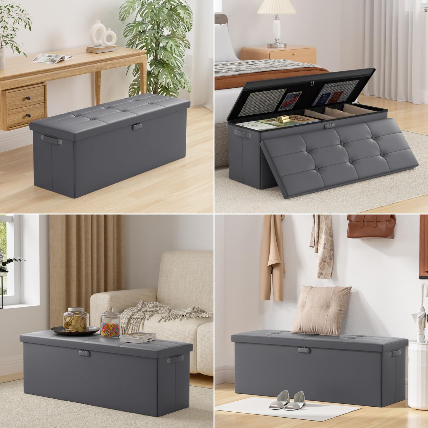 ENGPOW Storage Bench, Fireproof Folding Storage Bench with Lock, 76.2cm Fireproof and Waterproof Storage Chest Footstool Leather Bedroom Bench, Can Store Documents, Valuables, Black