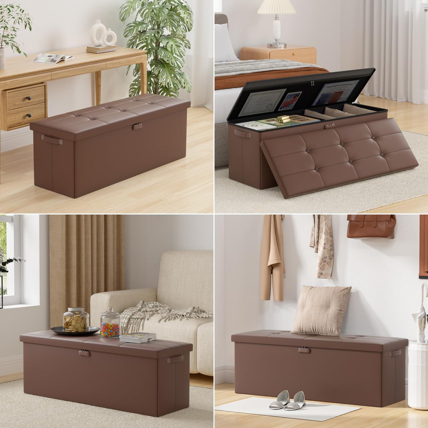ENGPOW Storage Bench, Fireproof Folding Storage Bench with Lock, 76.2cm Fireproof and Waterproof Storage Chest Footstool Leather Bedroom Bench, Can Store Documents, Valuables, Black