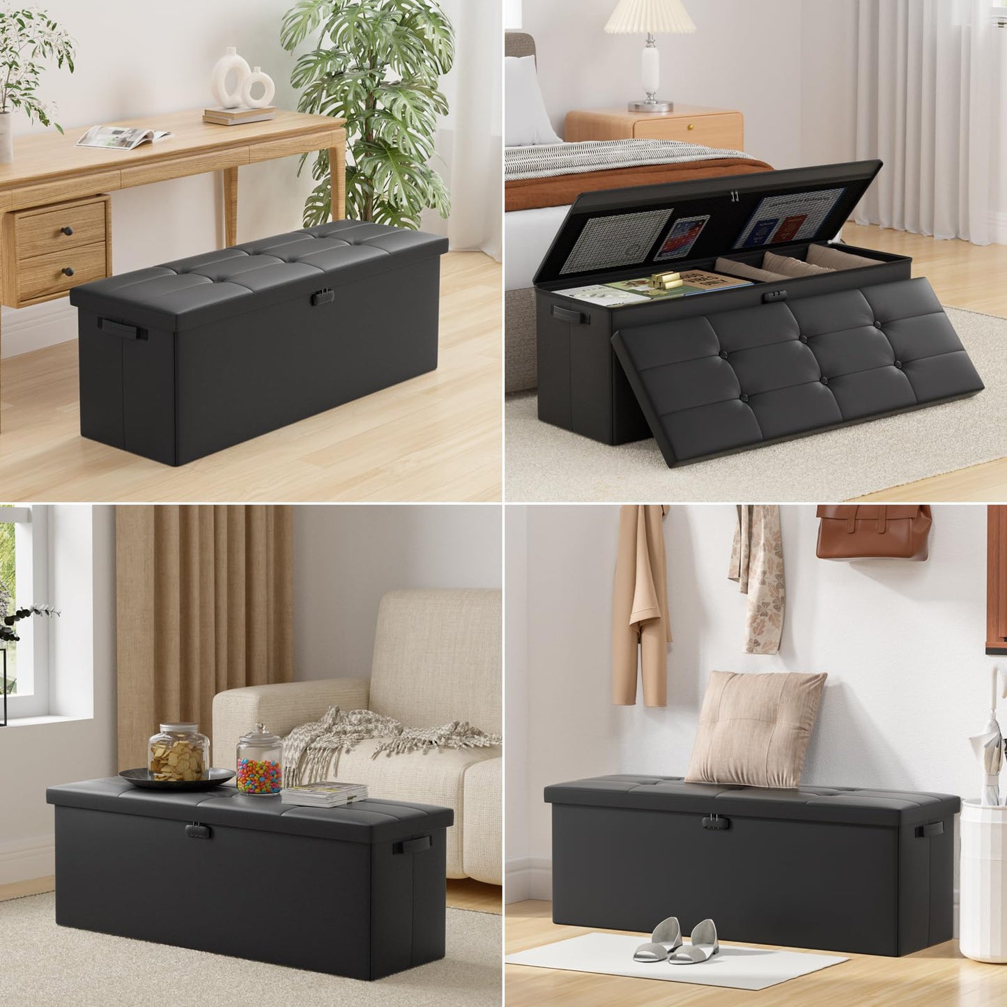 ENGPOW Storage Bench, Fireproof Folding Storage Bench with Lock, 76.2cm Fireproof and Waterproof Storage Chest Footstool Leather Bedroom Bench, Can Store Documents, Valuables, Black