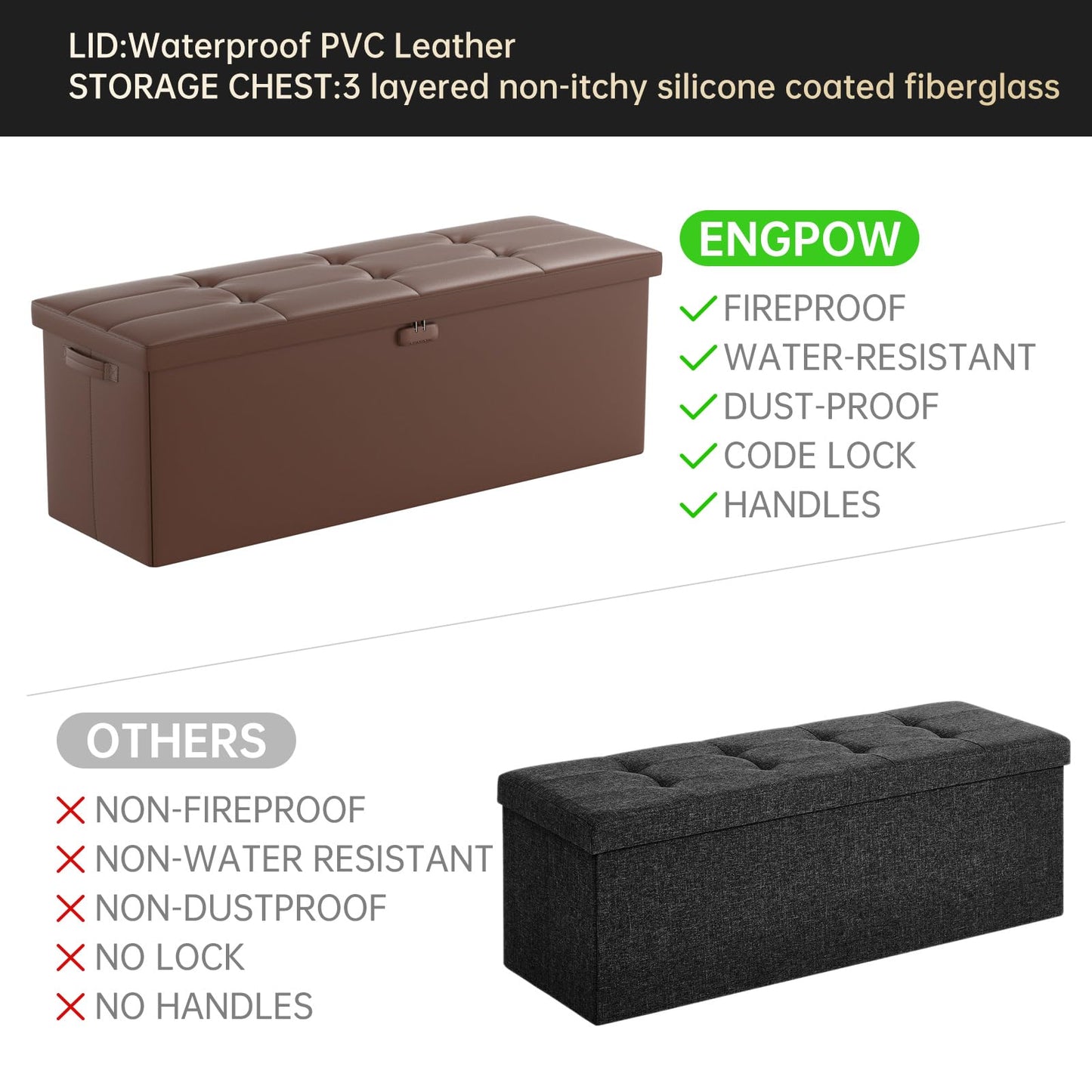 ENGPOW Storage Bench, Fireproof Folding Storage Bench with Lock, 76.2cm Fireproof and Waterproof Storage Chest Footstool Leather Bedroom Bench, Can Store Documents, Valuables, Black
