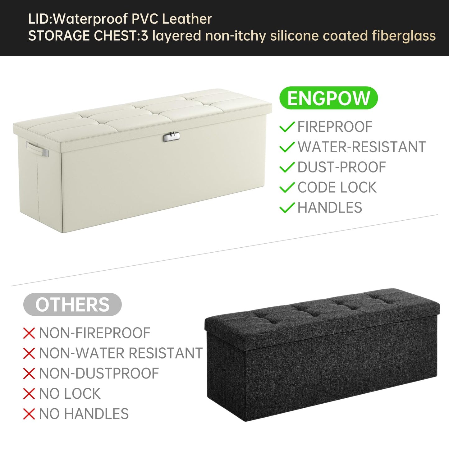 ENGPOW Storage Bench, Fireproof Folding Storage Bench with Lock, 76.2cm Fireproof and Waterproof Storage Chest Footstool Leather Bedroom Bench, Can Store Documents, Valuables, Black