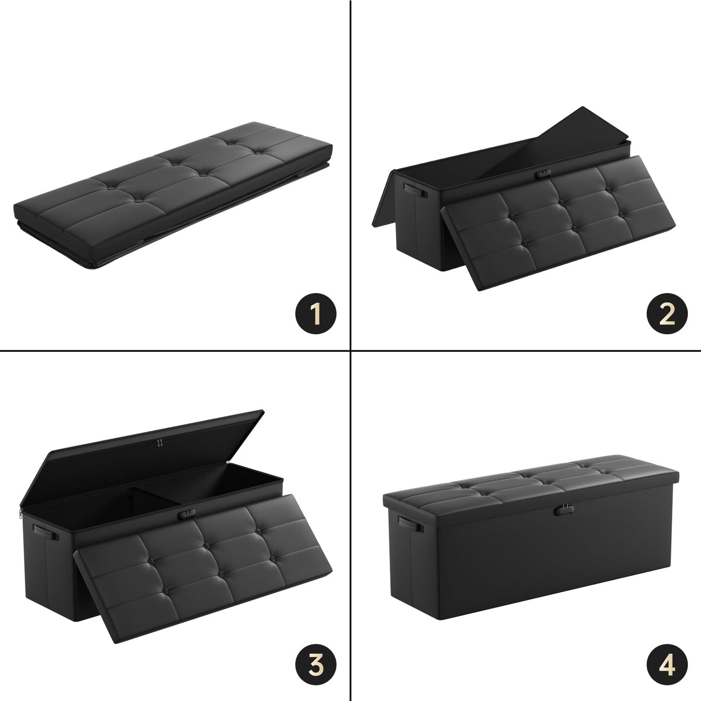 ENGPOW Storage Bench, Fireproof Folding Storage Bench with Lock, 76.2cm Fireproof and Waterproof Storage Chest Footstool Leather Bedroom Bench, Can Store Documents, Valuables, Black