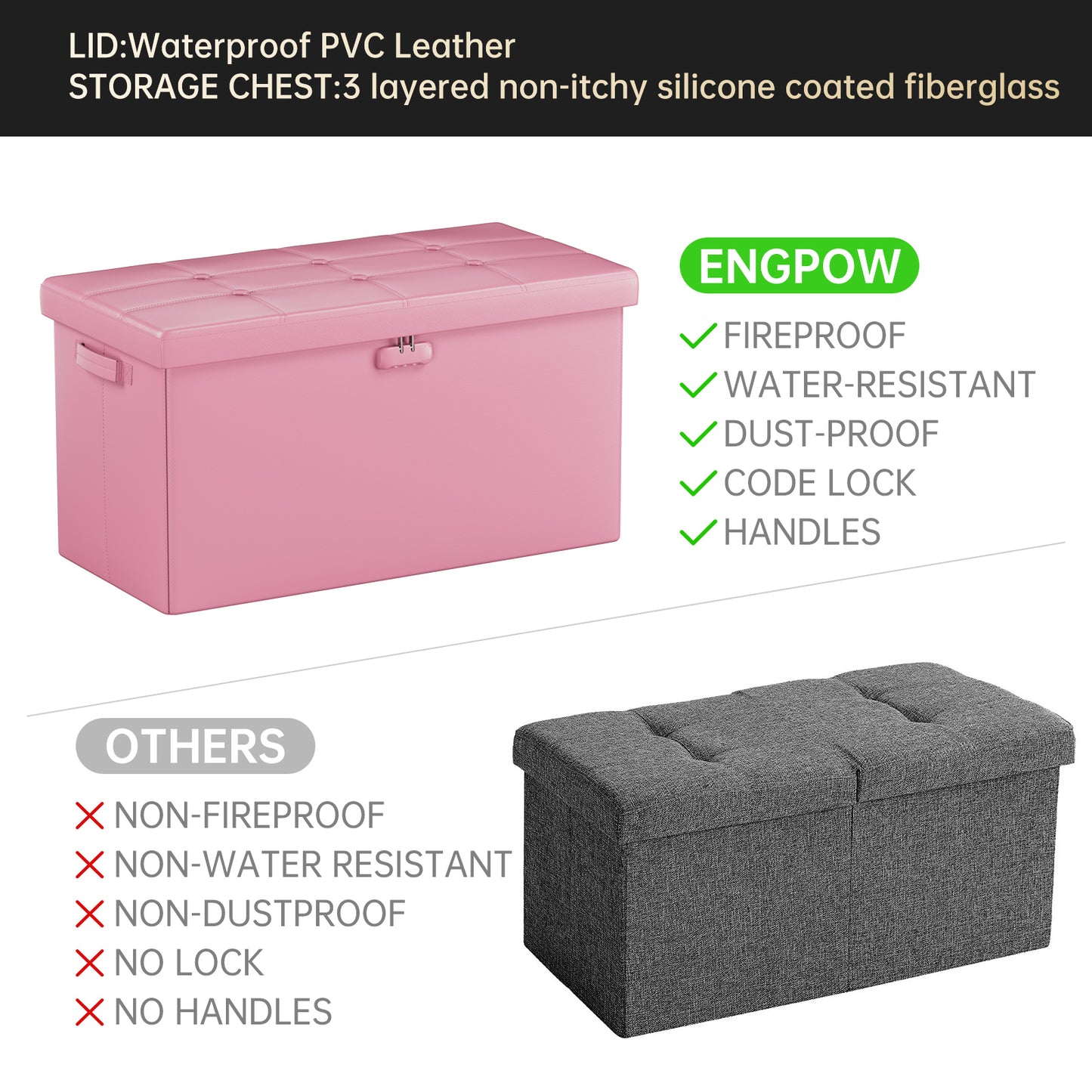 Pink Fireproof Storage Ottoman Bench Folding Bench with Lock