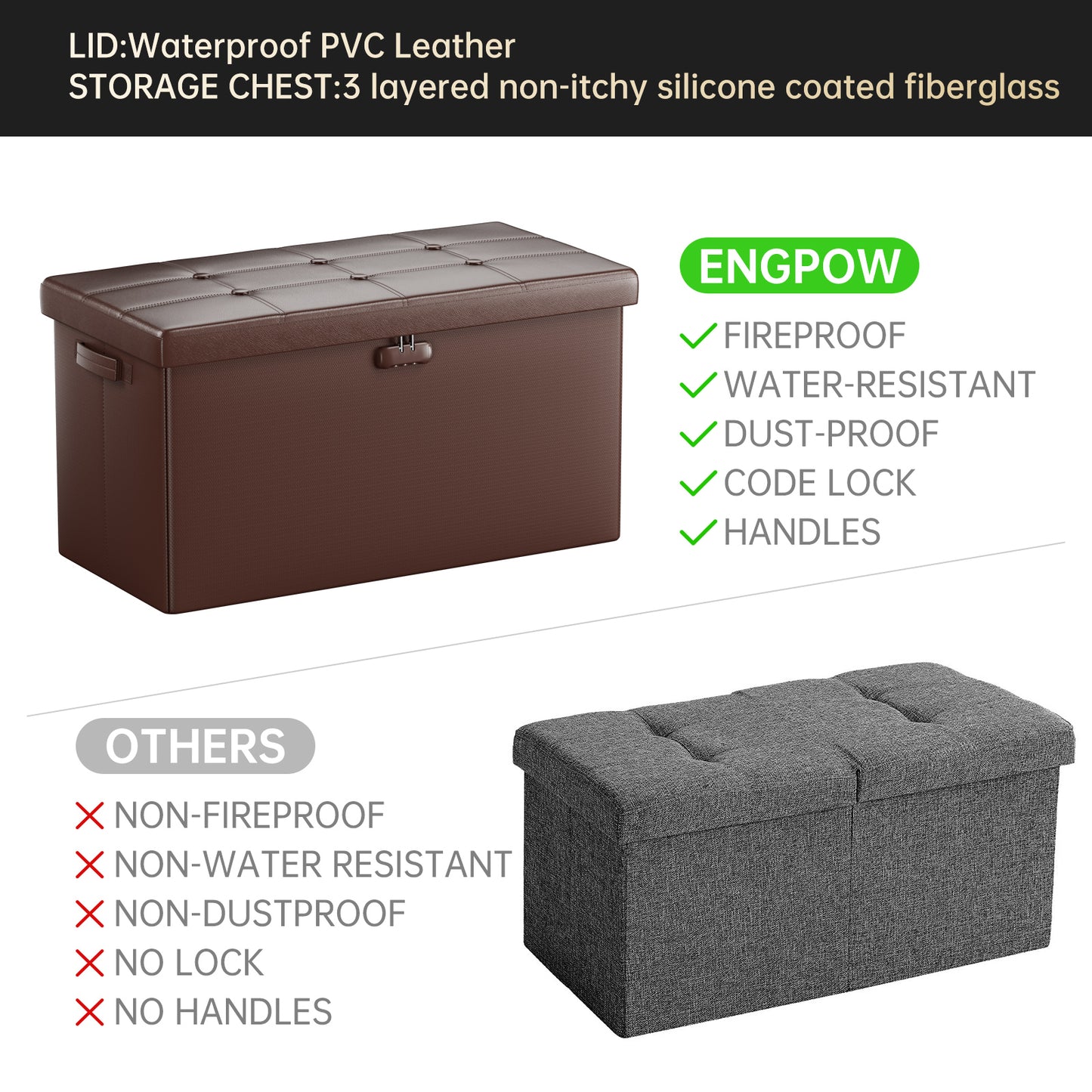 Brown Fireproof Storage Ottoman Bench Folding Bench with Lock