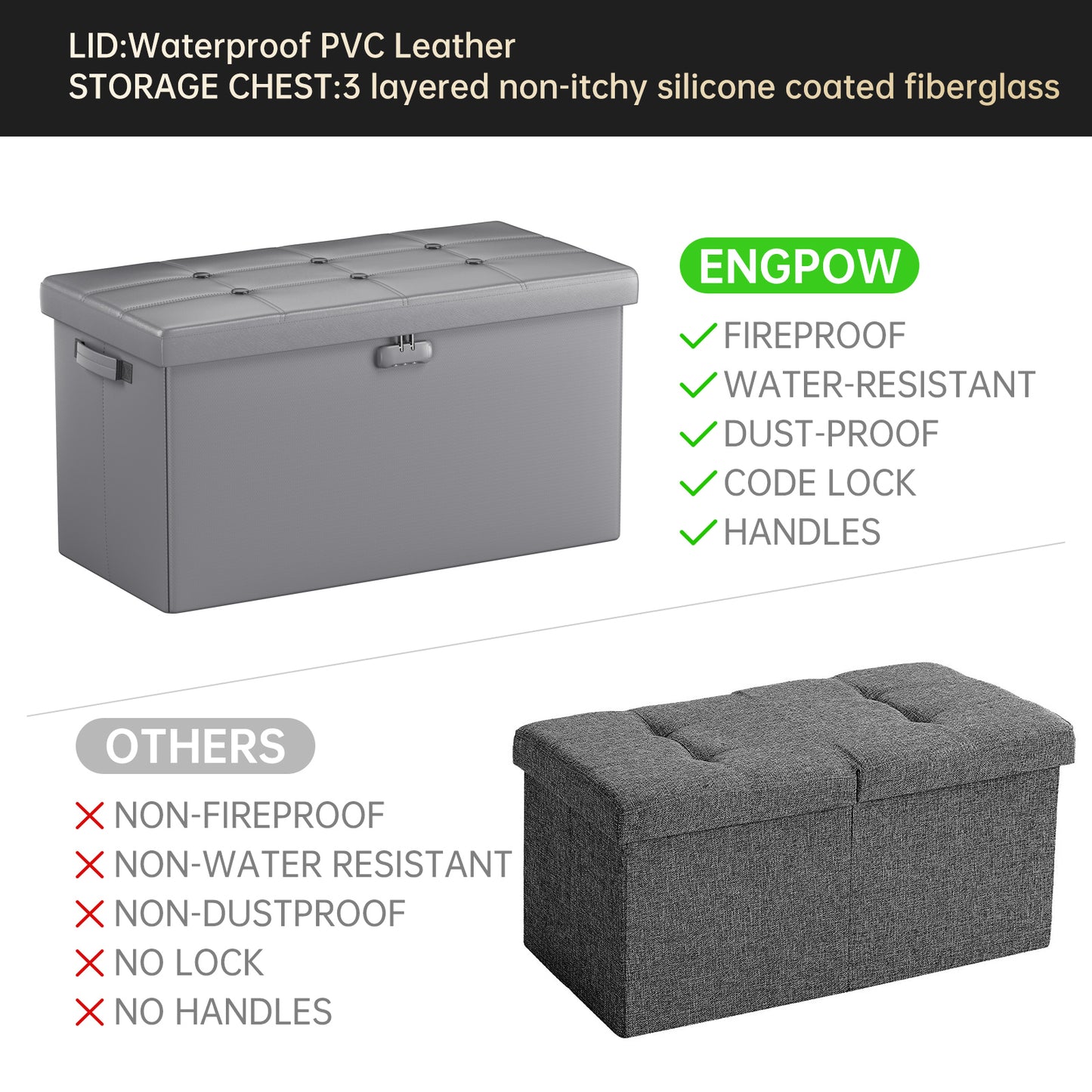 Brown Fireproof Storage Ottoman Bench Folding Bench with Lock